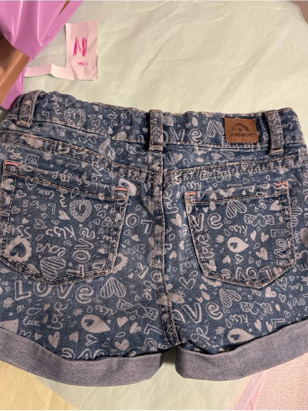 Jordache Blue Denim Shorts with Pink Heart & 'Love' Print
